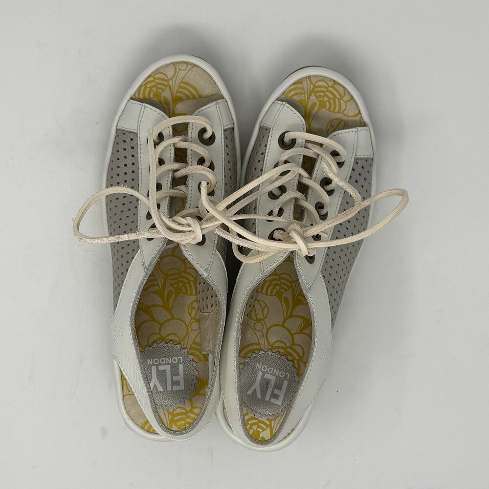 Fly London Yuta Wedge Sandal Cream Platinum Leather Laces Size 38 EUC - Picture 5 of 7